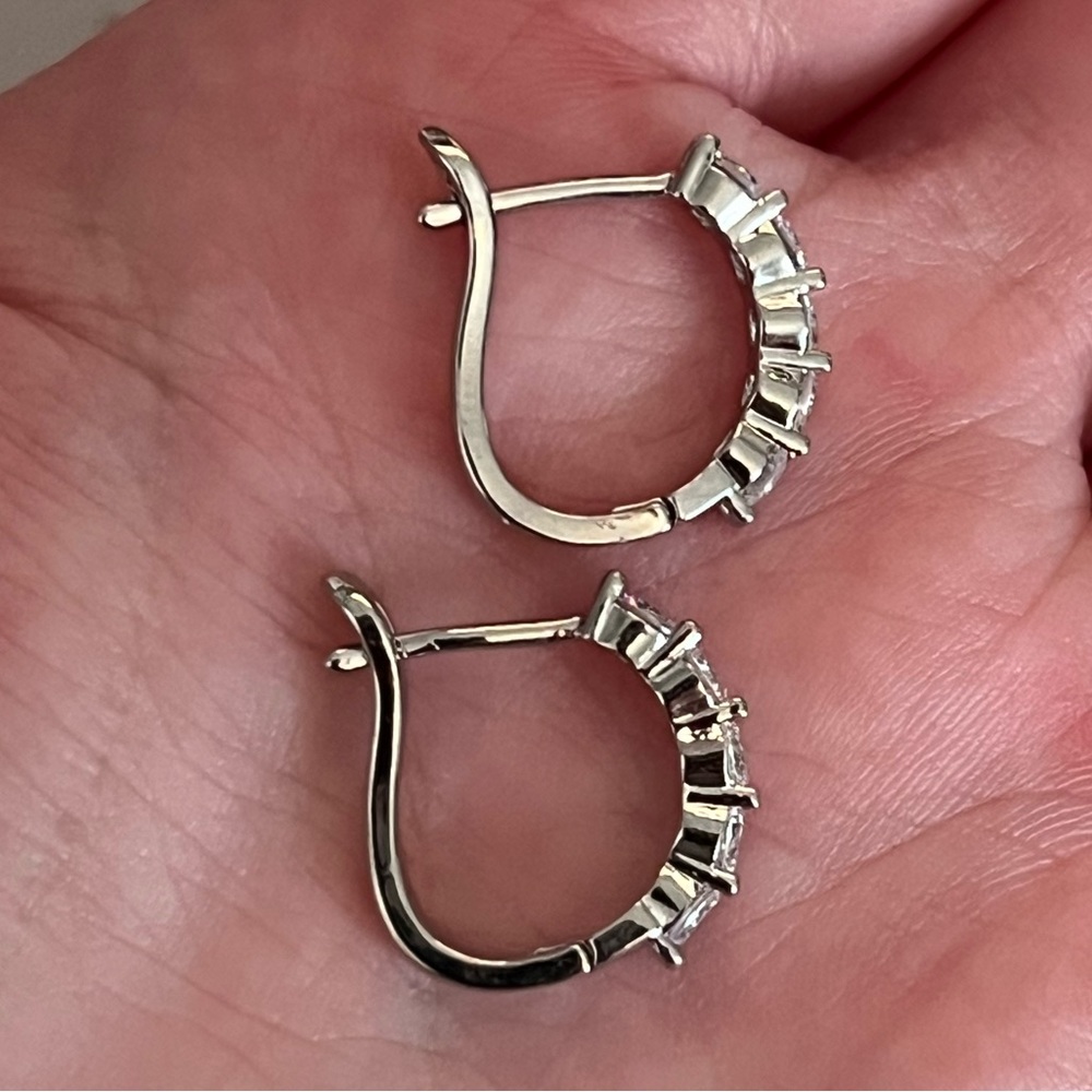 Silver Diamond Huggie Drop Hoop Earrings